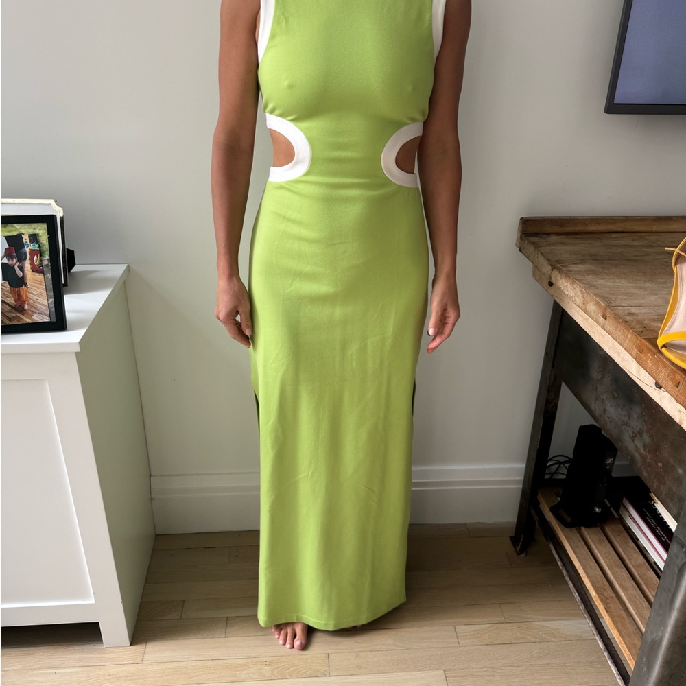 Green Cutout Maxi Dress with White Trim